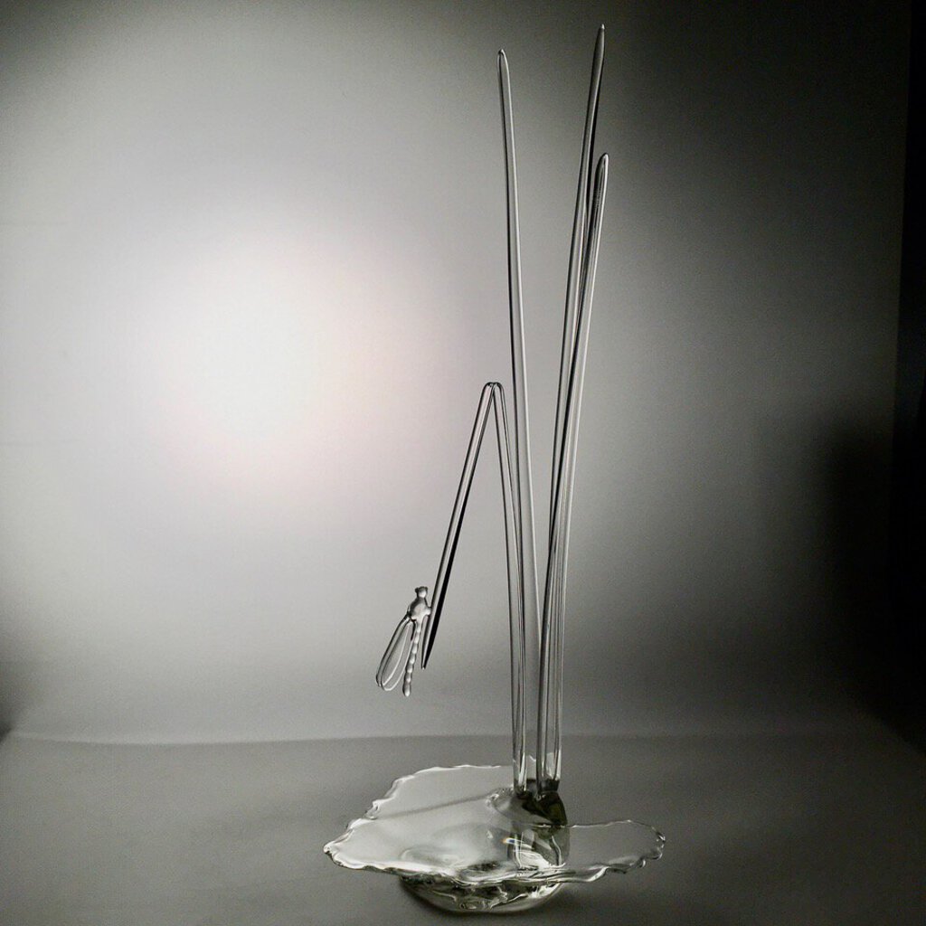 "Serenity Prevails" Blown Art Glass Sculpture of A Damselfly on Tall Grasses Surrounded in Sparkling Water