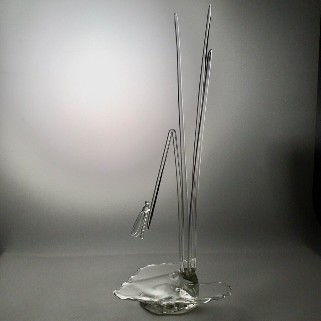 "Serenity Prevails" Blown Art Glass Sculpture of A Damselfly on Tall Grasses Surrounded in Sparkling Water