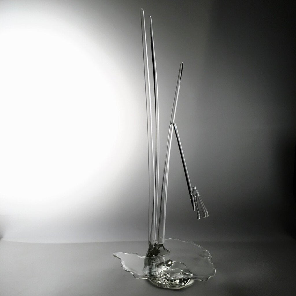 "Serenity Prevails" Blown Art Glass Sculpture of A Damselfly on Tall Grasses Surrounded in Sparkling Water