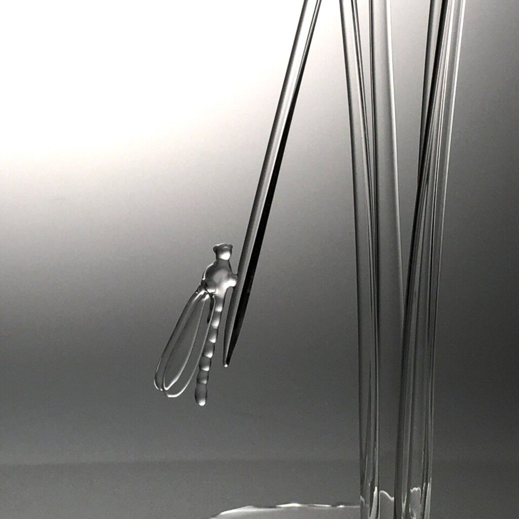 "Serenity Prevails" Blown Art Glass Sculpture of A Damselfly on Tall Grasses Surrounded in Sparkling Water