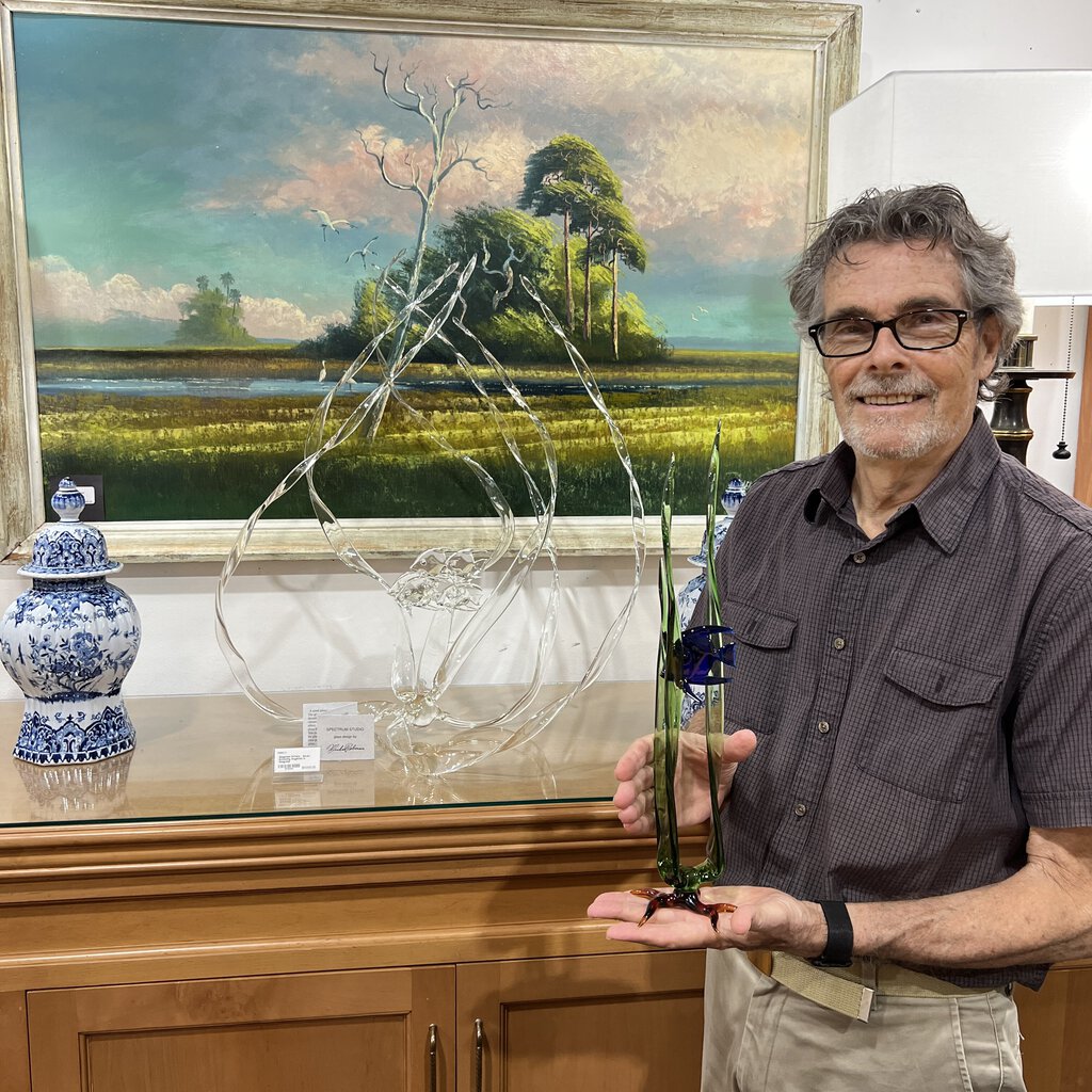 "Serenity Prevails" Blown Art Glass Sculpture of A Damselfly on Tall Grasses Surrounded in Sparkling Water