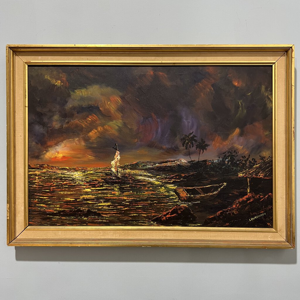 Vintage Haitian Seascape Oil Painting Signed by: Listed Artist Lyonel Laurenceau (1942-) 41Lx29H