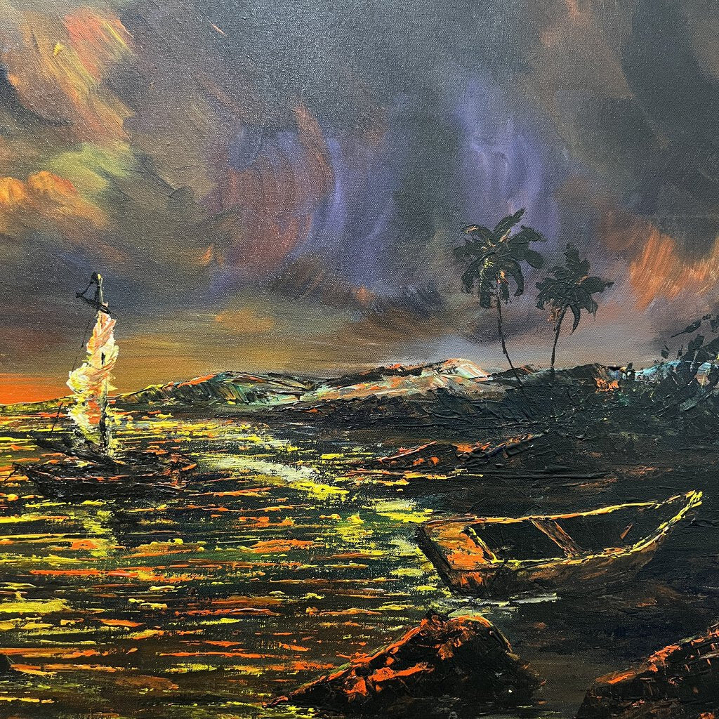 Vintage Haitian Seascape Oil Painting Signed by: Listed Artist Lyonel Laurenceau (1942-) 41Lx29H