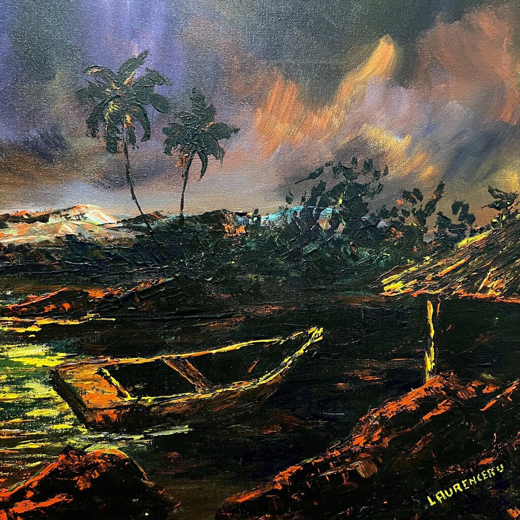 Vintage Haitian Seascape Oil Painting Signed by: Listed Artist Lyonel Laurenceau (1942-) 41Lx29H