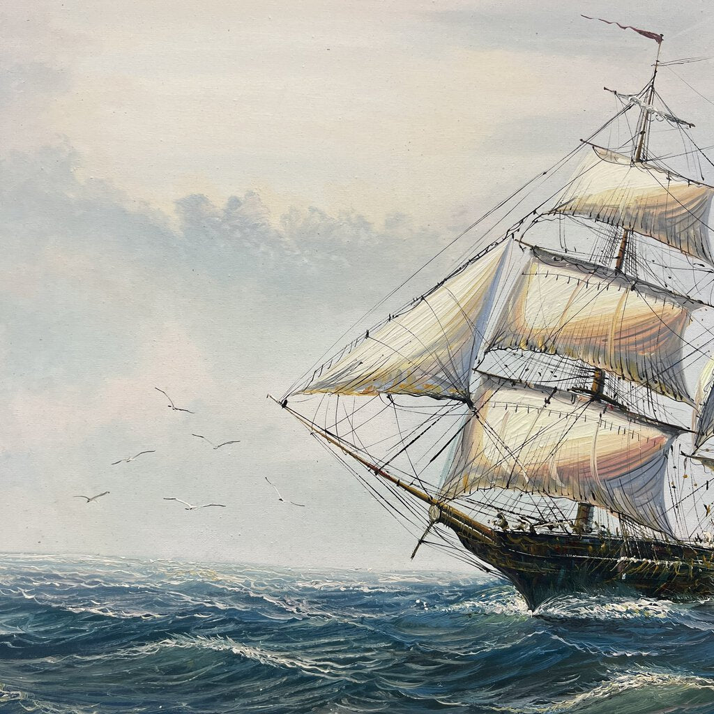 Vintage Three Mast Sailing Ship Oil Painting by: Ani Brose 41"x29"