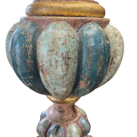 Vintage Wildwood Carved Hand-painted Teal & Gold Gilded Wooden Table Lamp w/ New Shade 30" tall