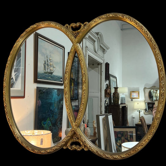 Vintage Hollywood Regency Double Oval Mirror w/ Gold Gilded Wood Frame 47" x 39"
