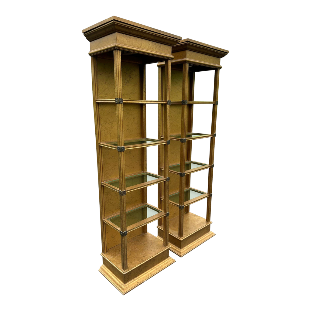 Pair of Mid-Century Hollywood Regency Gold Lighted Etagere Shelves 22Lx14Wx71H