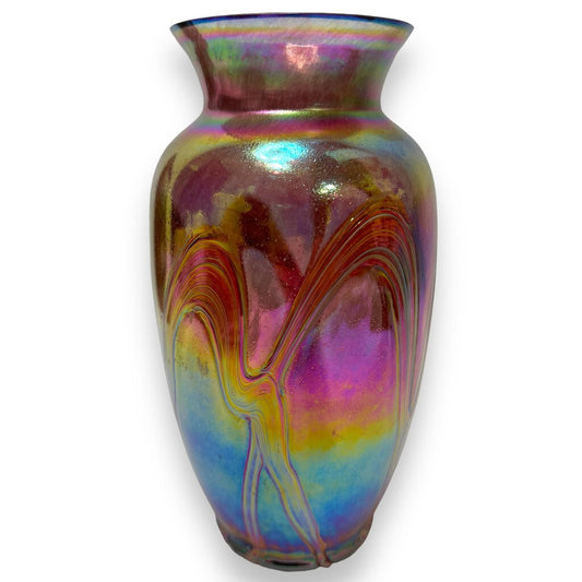 Iridescent Favrile Red Luster Art Glass Vase 9" tall