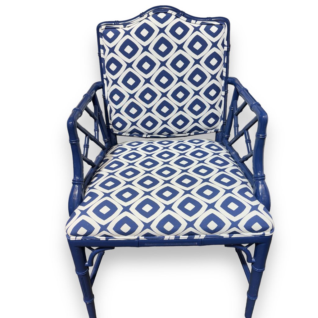 Blue Lacquered Chinoiserie Chippendale Chair w/ Blue & White Upholstery & Back Cushion 37Hx24W