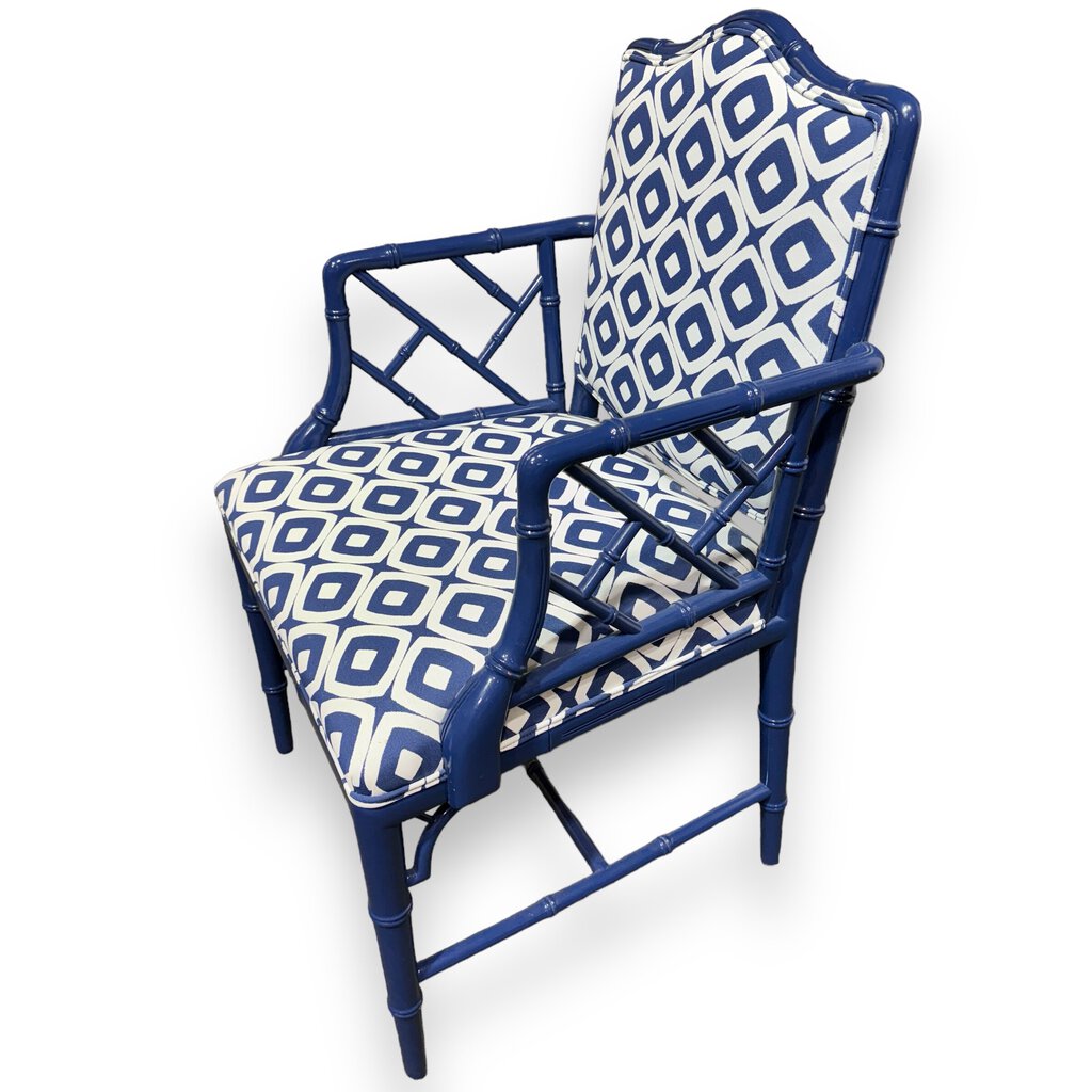 Blue Lacquered Chinoiserie Chippendale Chair w/ Blue & White Upholstery & Back Cushion 37Hx24W