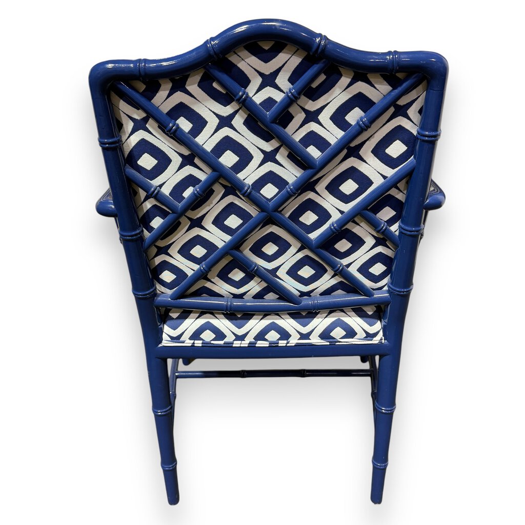 Blue Lacquered Chinoiserie Chippendale Chair w/ Blue & White Upholstery & Back Cushion 37Hx24W