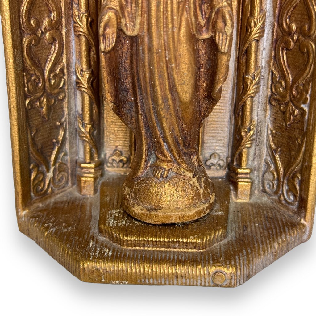 1954 Mid Century Madonna Figurine in Gold Gilt 8" Tall, Blessed Mother Virgin Mary Altar by: Multi Products Inc.