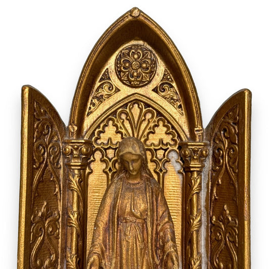 1954 Mid Century Madonna Figurine in Gold Gilt 8" Tall, Blessed Mother Virgin Mary Altar by: Multi Products Inc.