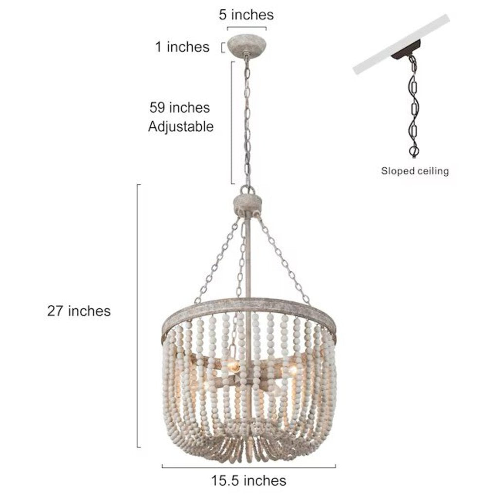 4 Light French Country Distressed Gray & White Beaded Chandelier 15.5Wx27H