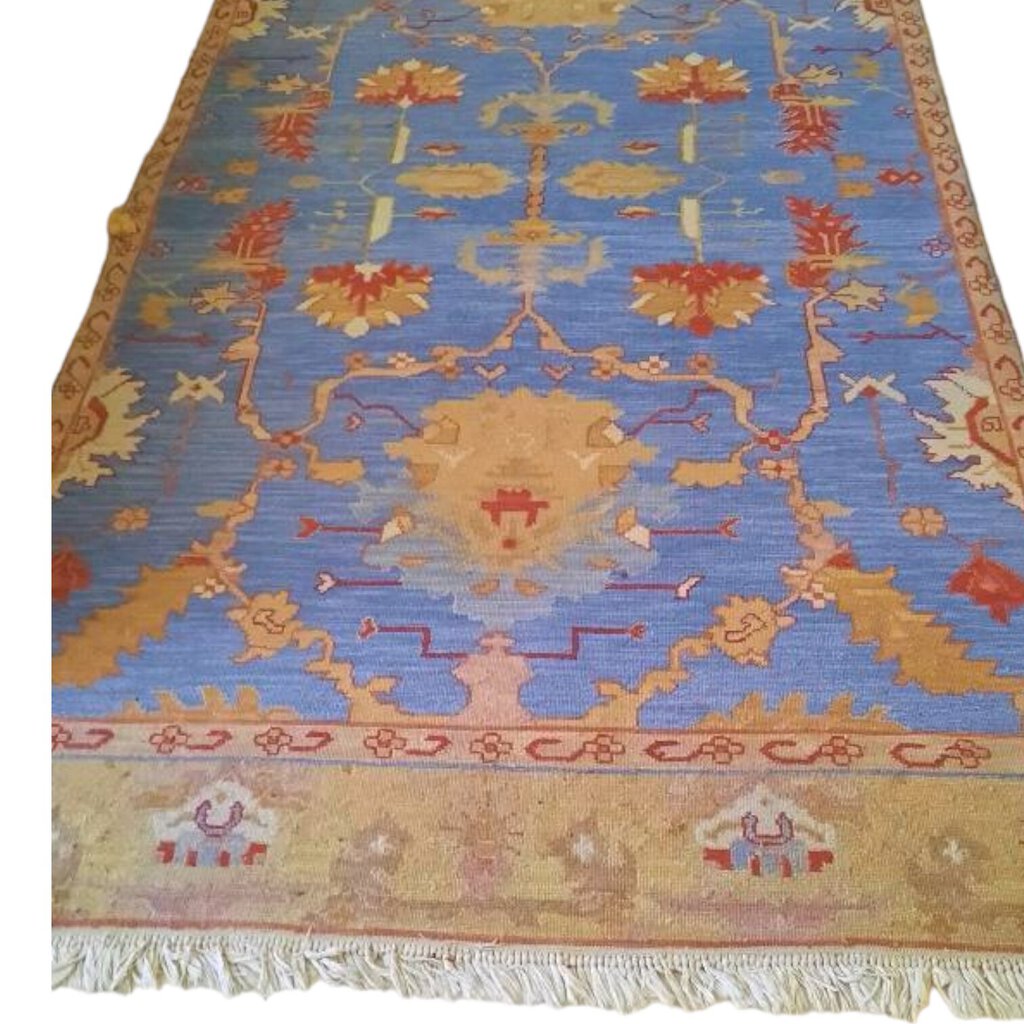 Soumak Luxury Wool Rug French Blue Gold 9'6"Lx6'2"W