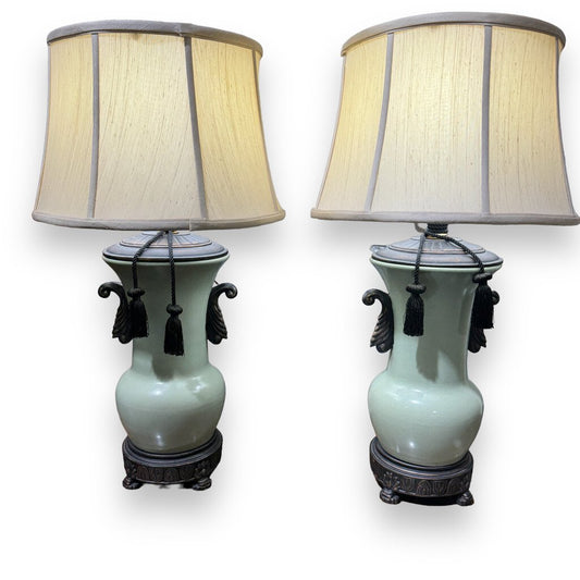 Pair of Sedgefield Celadon Glazed Asian Urn Lamps by Adams 29" tlall