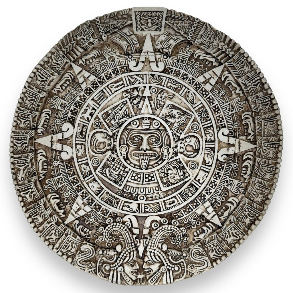 17" Plaster Replica of The Aztec Sun Stone (Aztec Calendar) Carved from Solidified Lava in the late 15th Century Mexica sculpture.