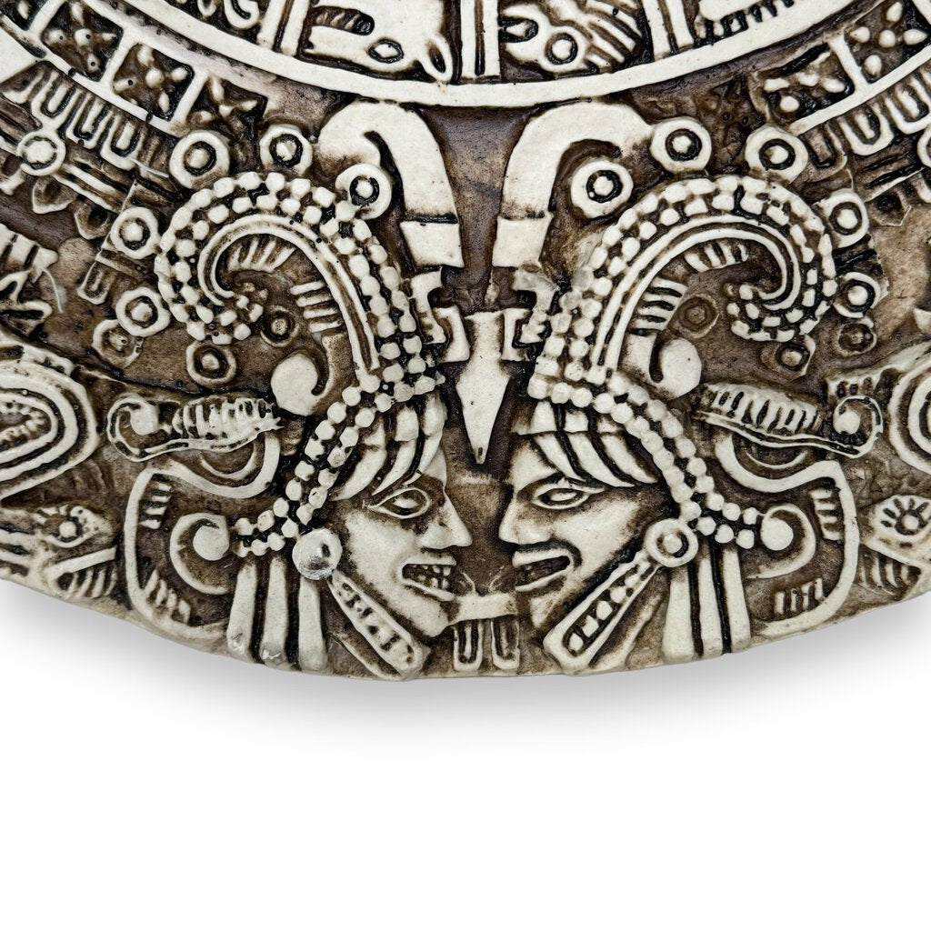 17" Plaster Replica of The Aztec Sun Stone (Aztec Calendar) Carved from Solidified Lava in the late 15th Century Mexica sculpture.