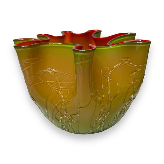 Vintage MCM Styled Fire Red & Acid Green Free-form Clear Veined Art Glass Vase 9Lx7H