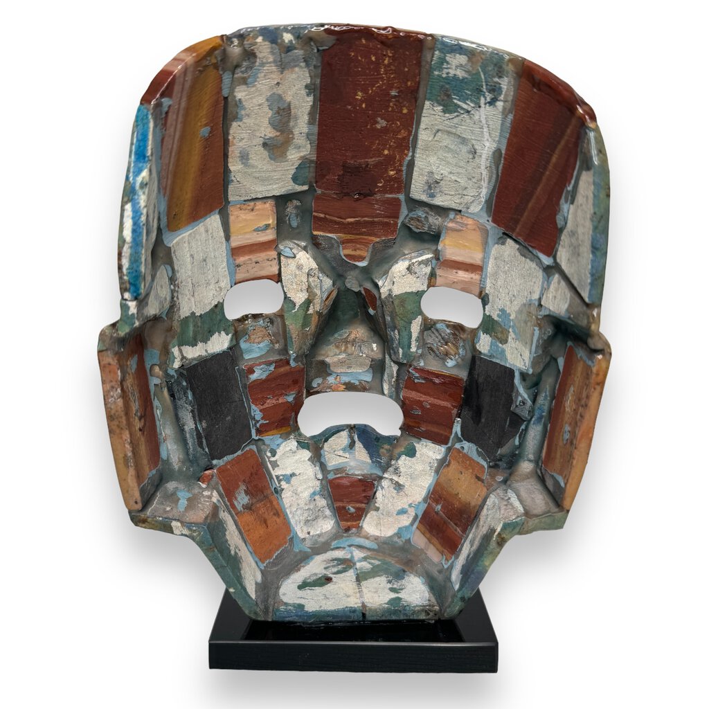 Pre-Columbian Style Aztec Death Mask Made w/ Various Tessellated Semi Precious Stones Mounted on Marble 6.25Lx3.75Wx8.5H