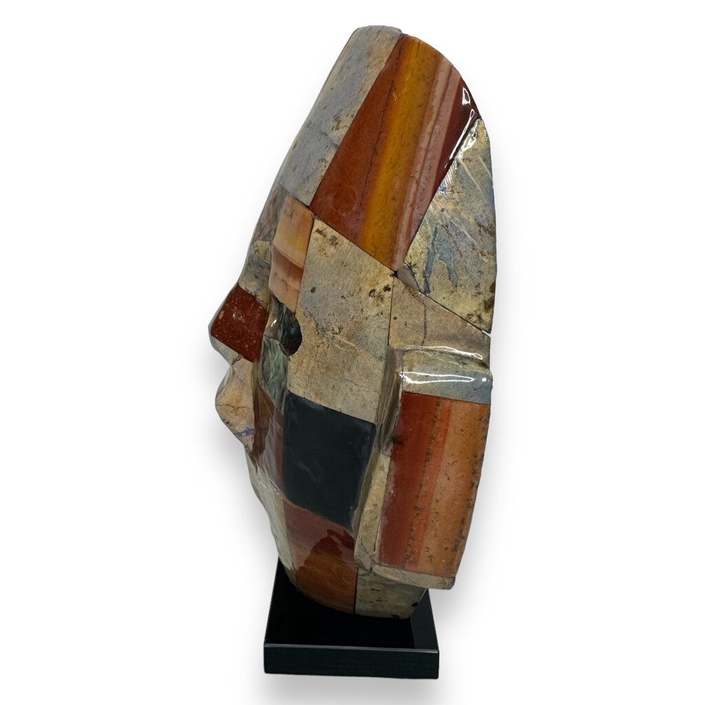 Pre-Columbian Style Aztec Death Mask Made w/ Various Tessellated Semi Precious Stones Mounted on Marble 6.25Lx3.75Wx8.5H