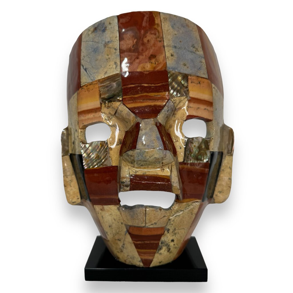 Pre-Columbian Style Aztec Death Mask Made w/ Various Tessellated Semi Precious Stones Mounted on Marble 6.25Lx3.75Wx8.5H
