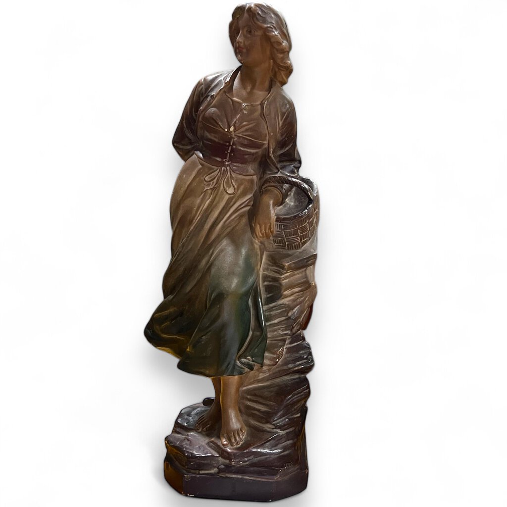 Antique Young French Woman Holding Basket Statue Signed "FRANCE 396" 6Lx 6Wx18H