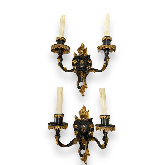 Pair of Louis XV Style American Caldwell Wall Sconces w/ Gold Gilt Bronze Detail c.1880 10Wx11H (retrofitted for electricity)