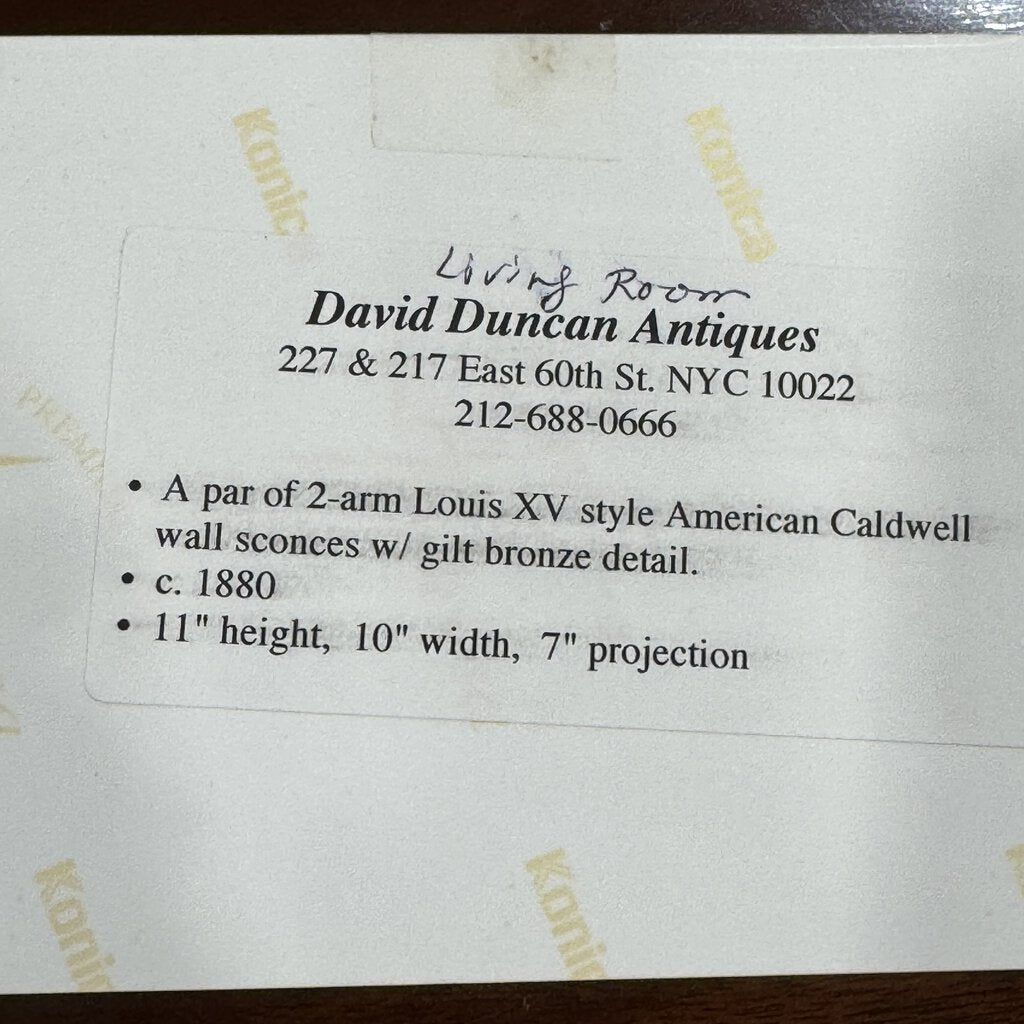 Pair of Louis XV Style American Caldwell Wall Sconces w/ Gold Gilt Bronze Detail c.1880 10Wx11H (retrofitted for electricity)