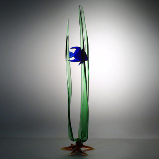 "Still Tropics 1" Single Cobalt Blue Tropical Fish in Three Blades of Seagrass 18" (PAIR AVAILABLE)