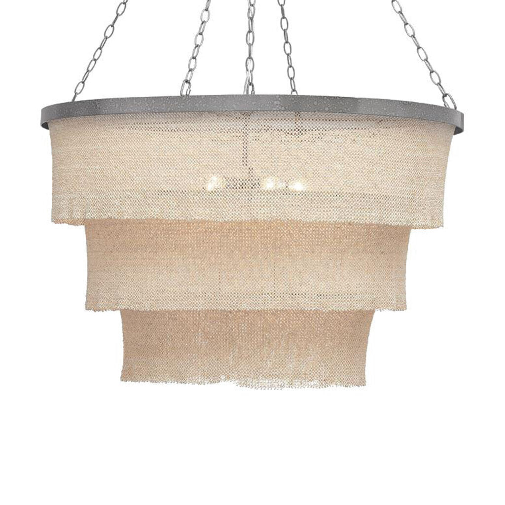 Made Goods Patricia Oval Chandelier w/ Silver Iron Ring & 3 Tier 5 Light Woven Coco Bead Sleeves 30Wx62H