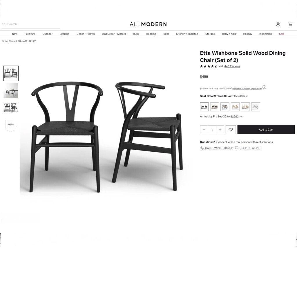 ALL MODERN Etta Wishbone Danish Style Solid Wood Dining Chair in Black (Set of 8)