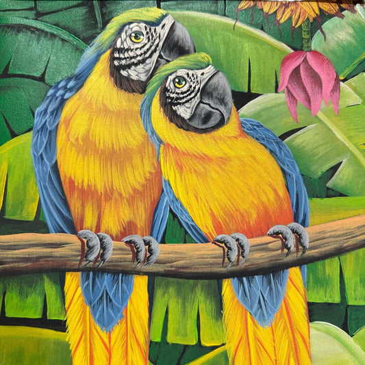 Blue-and-Yellow Macaws in Costa Rican Jungle Framed Oil on Canvas signed by Native Costa Rican Artist from Zukia Art Gallery 14Lx17H