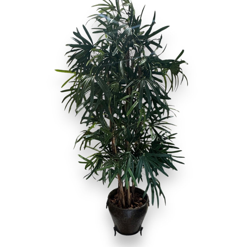 89" Artificial Raphis Palm Tree Plant in Decorative Metal Pot w/ Lion Heads