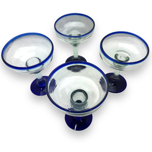 Mexican Handblown Cobalt Blue 6.5" Glass Margarita Stemware 16 oz Goblet Set 4
