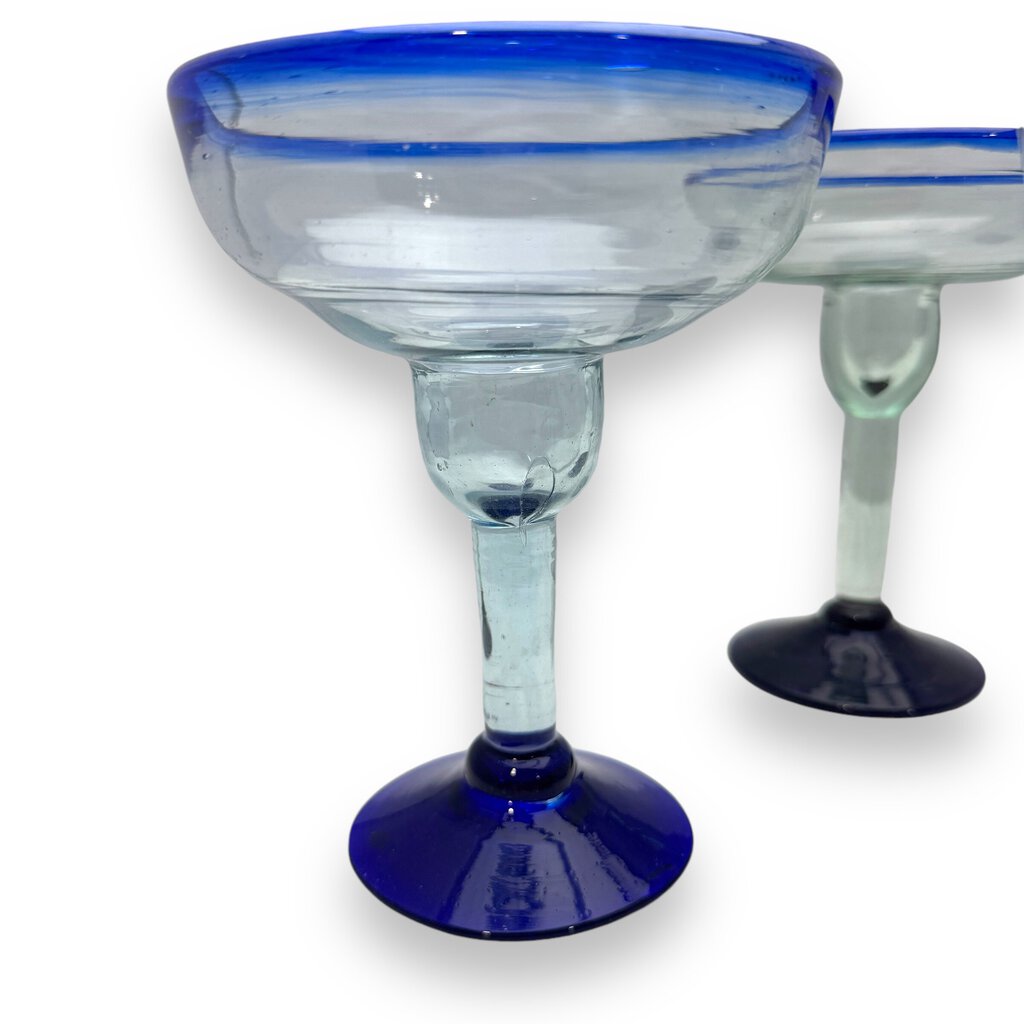 Mexican Handblown Cobalt Blue 6.5" Glass Margarita Stemware 16 oz Goblet Set 4