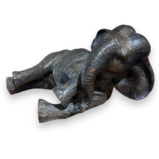 Bronze Elephant Statue Laying Down Leather Base 14lx10Wx7H