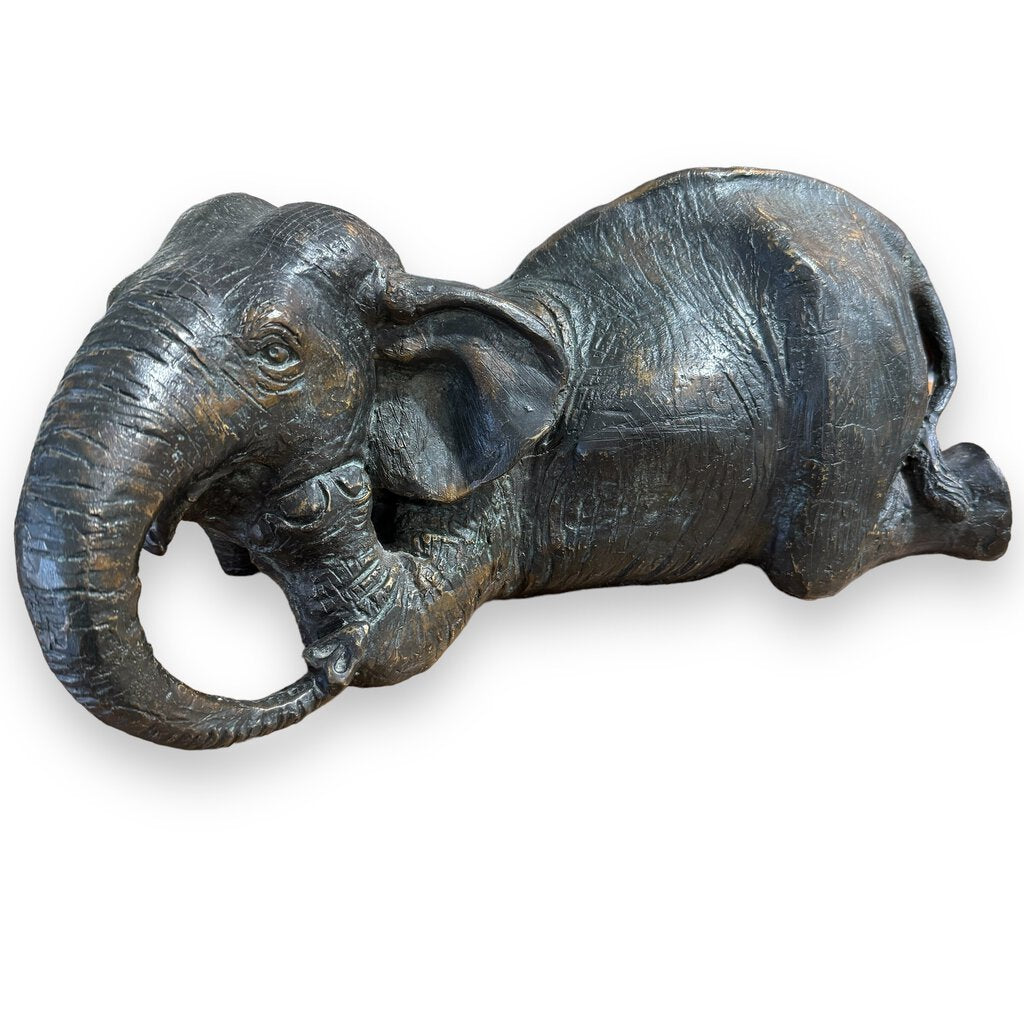 Vintage Maitland Smith Bronze Elephant Statue Kneeling Down w/ Leather Base 14Lx8Wx6H