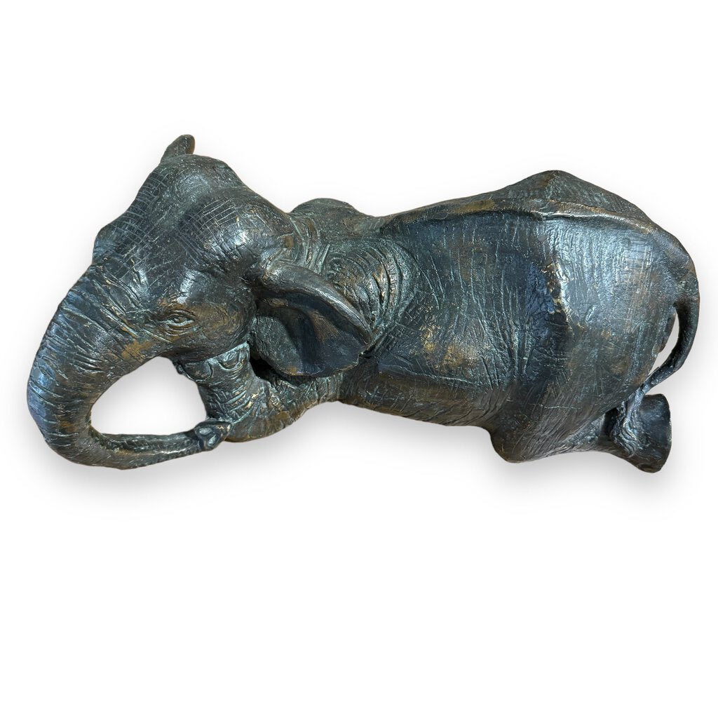 Vintage Maitland Smith Bronze Elephant Statue Kneeling Down w/ Leather Base 14Lx8Wx6H