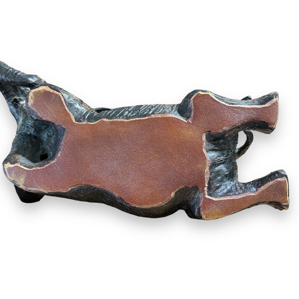 Vintage Maitland Smith Bronze Elephant Statue Kneeling Down w/ Leather Base 14Lx8Wx6H