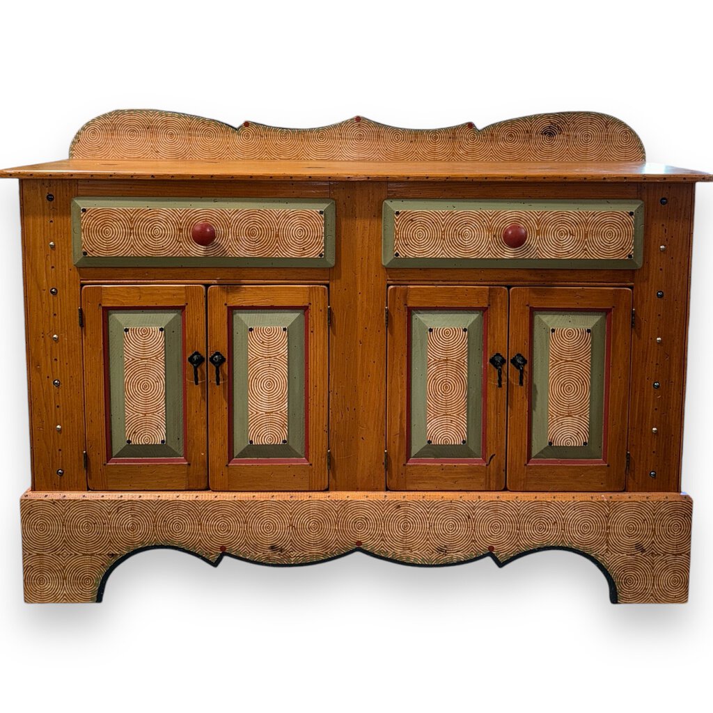Rare Whimsically Decorated Hand Crafted Pine Buffet by David Marsh, Houston TX 2003 60Lx18Wx43H
