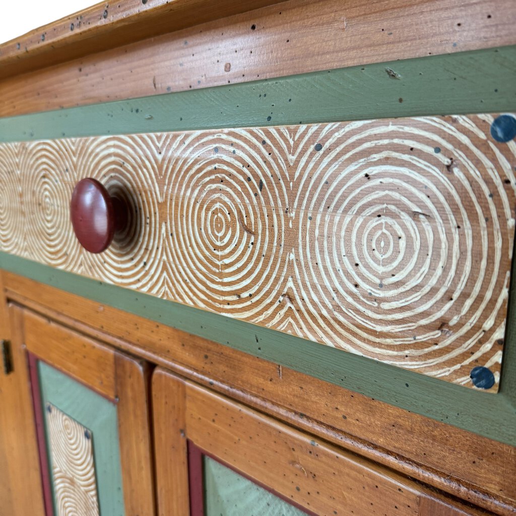 Rare Whimsically Decorated Hand Crafted Pine Buffet by David Marsh, Houston TX 2003 60Lx18Wx43H
