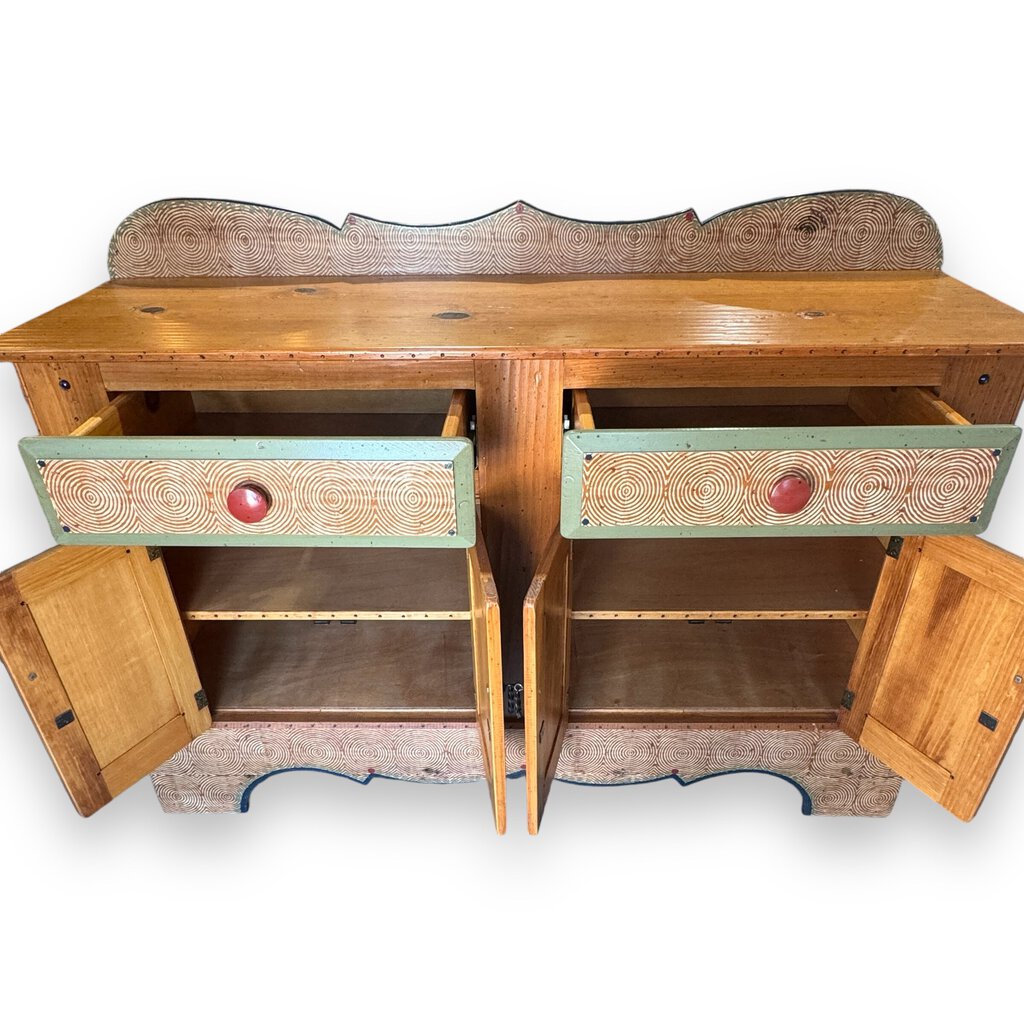 Rare Whimsically Decorated Hand Crafted Pine Buffet by David Marsh, Houston TX 2003 60Lx18Wx43H