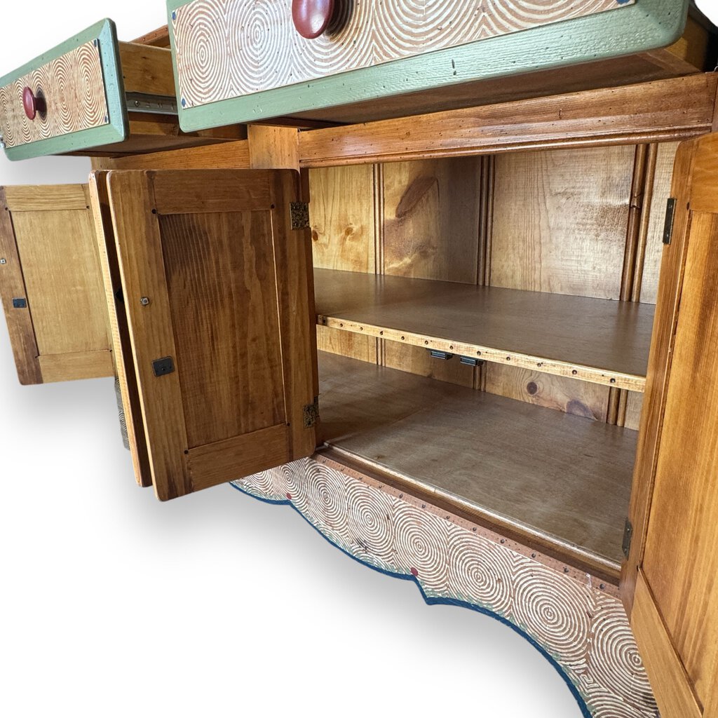 Rare Whimsically Decorated Hand Crafted Pine Buffet by David Marsh, Houston TX 2003 60Lx18Wx43H