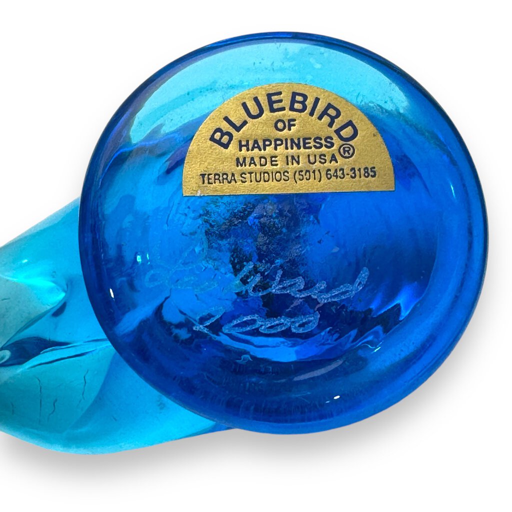Vintage Blue Bird of Happiness Art Glass Signed by Leo Ward 1992 4Lx2Wx2H