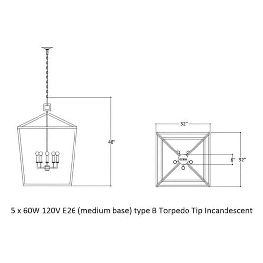 Currey & Company Denison Five Light Lantern in Mole Black 32Lx32Wx48H