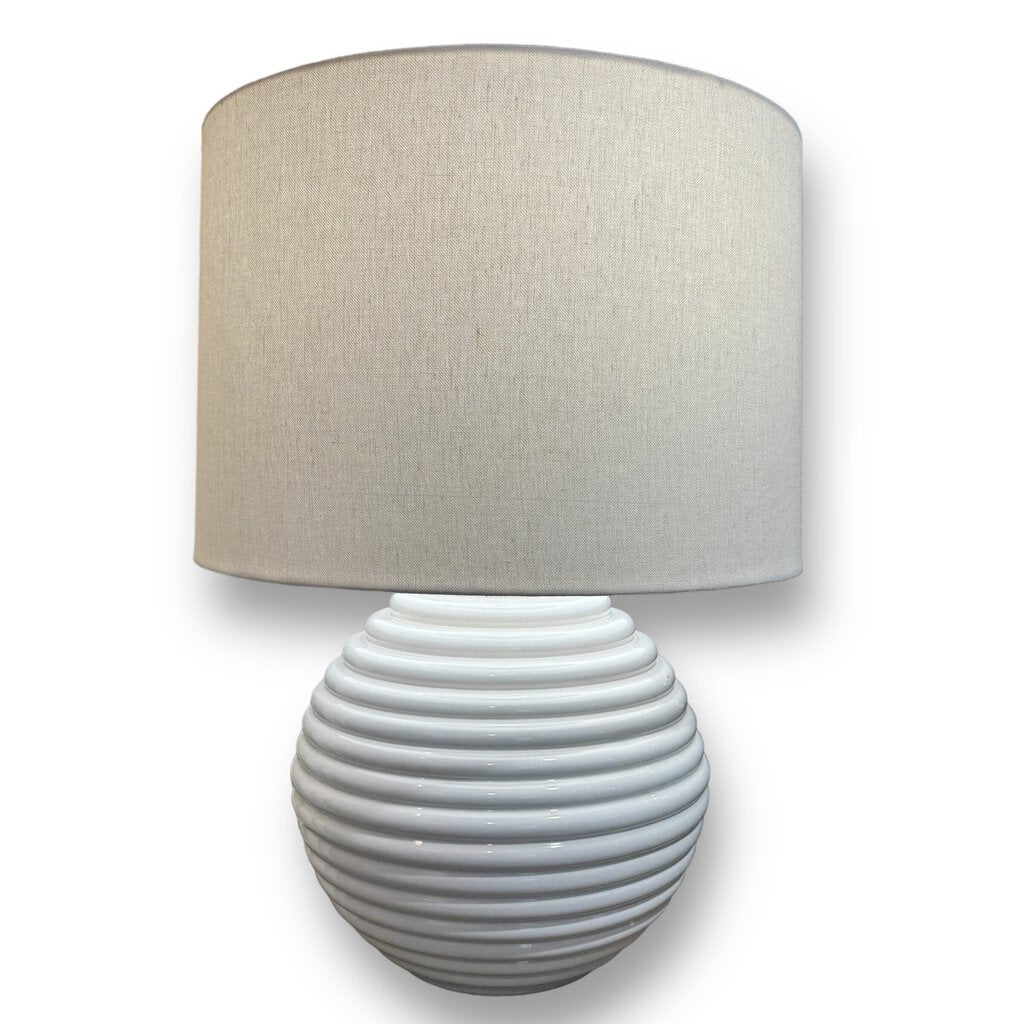 Vintage MCM Round Ribbed White Glazed Ceramic Table Lamp w/ Linen Shade 17Wx25H