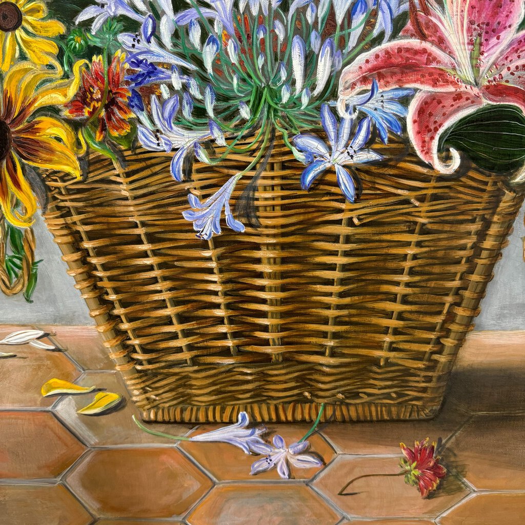 Large Still Life Floral Oil Painting by French Impressionists Marie-Monique Pochez (1926 - 2011) 46Wx59H