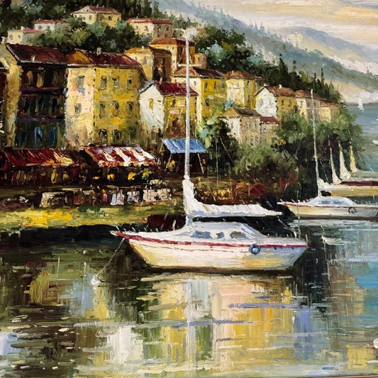 Large Signed Oil Painting of Sailboats Anchored at the Amalfi Coast in Capri, Italy. 58Lx46H w/ Ornate Wood Frame